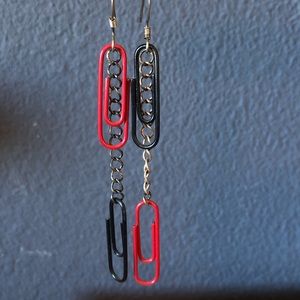 Black & Red Paperclip Long Chain Dangle Earrings, Punk, Emo, Rocker, Goth, Edgy
